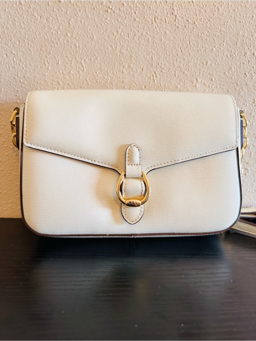 Lauren Ralph Lauren Cream Leather Crossbody with Gold Ring Detail
